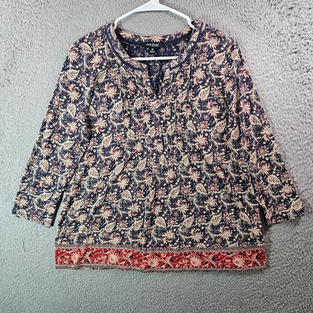 Lucky Brand Top Blouse Women Medium Stretch Red Trim Geometric Print Comfy